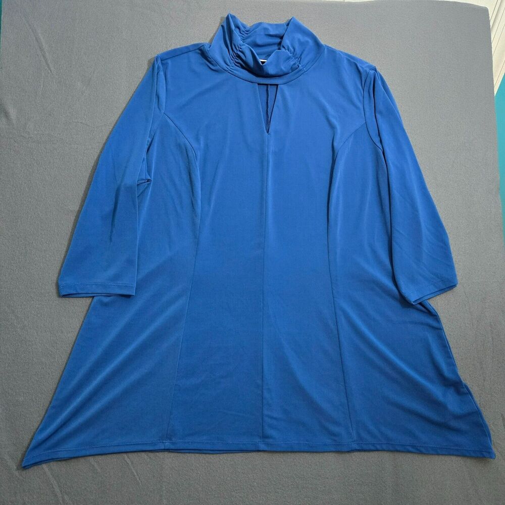 Susan Graver Blouse Women 1X Blue Liquid Knit Mock Neck Top with Keyhole